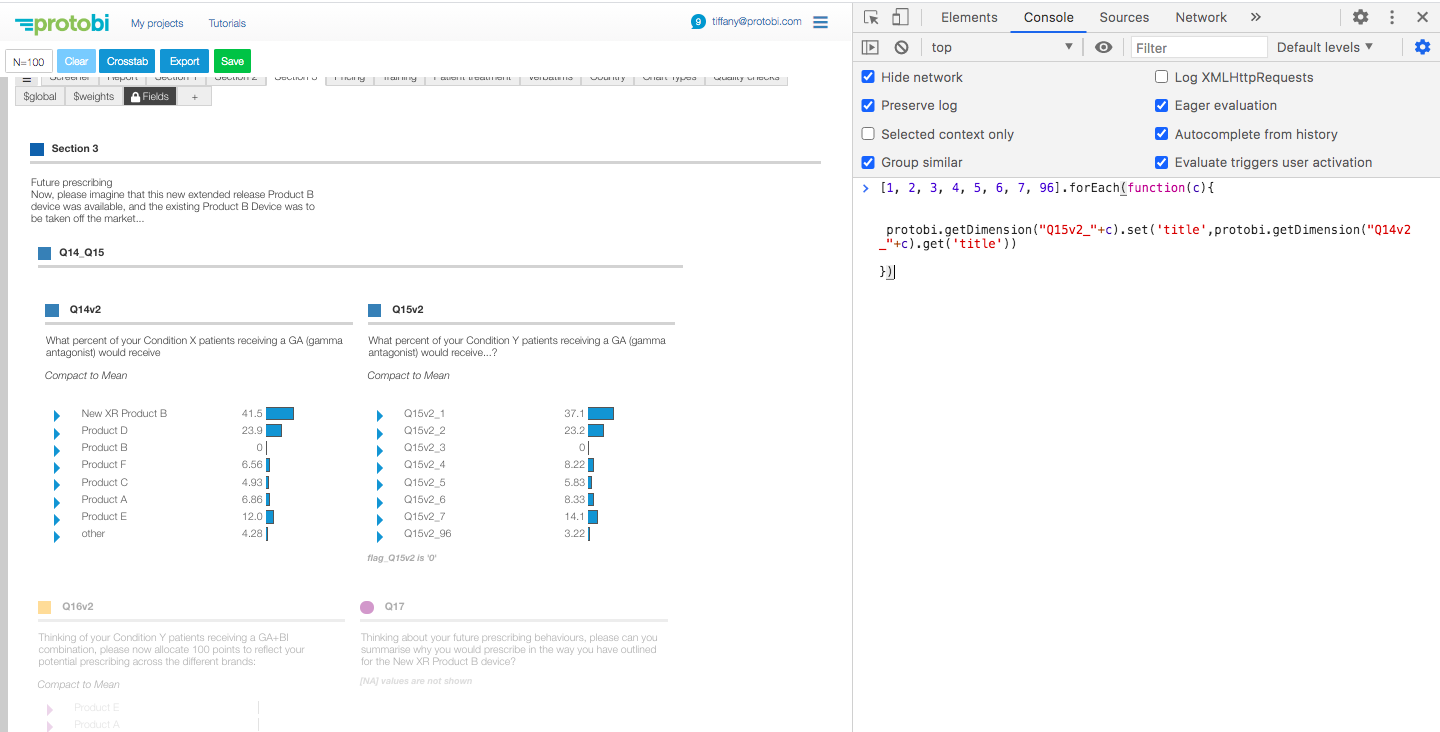 Protobi interface displaying browser developer console on the right side with JavaScript code visible: "[1, 2, 3, 4, 5, 6, 7, 96].forEach(function(c){ protobi.getDimension(\"Q15v2_\"+c).set('title',protobi.getDimension(\"Q14v2_\"+c).get('title'))})". The left side shows survey questions Q14v2 and Q15v2 with product comparison data.