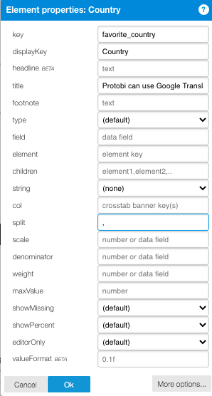 Element properties dialog box for a Country element showing various configuration fields. The "split" field is highlighted in blue and contains a semicolon (;) character, which will be used as the delimiter to split concatenated text responses into separate values.