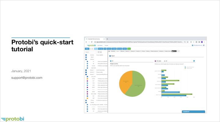 Title slide for 'Protobi's quick-start tutorial' dated January 2021, showing a screenshot of the Protobi interface with a pie chart (orange and green segments) and horizontal bar charts on the right, plus a vertical navigation panel on the left.