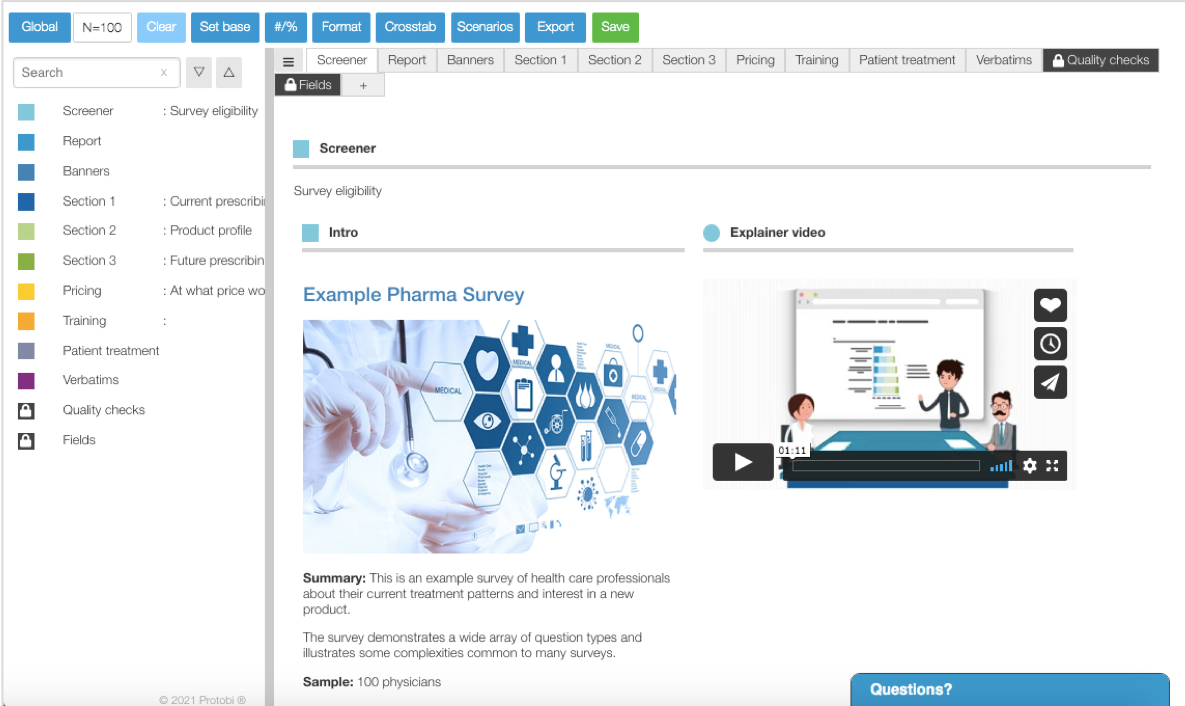 Example Pharma Survey project showing the Screener section with survey eligibility content, medical-themed imagery, embedded video player, and navigation tabs including Screener, Report, Banners, and multiple numbered sections.