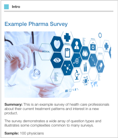 Intro section showing 'Example Pharma Survey' title with medical imagery featuring hexagonal icons for healthcare, summary text describing a healthcare professional survey, and sample information indicating 100 physicians.
