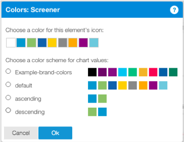 Colors: Screener dialog displaying options to choose icon color (showing palette of blue, yellow, orange, purple, and teal squares) and chart color scheme options (Example-brand-colors, default, ascending, descending) with corresponding color palette previews, plus Cancel and Ok buttons.