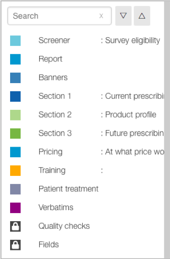 Navigation sidebar in collapsed state showing hierarchical project structure with section names and brief descriptions: Screener for Survey eligibility, Report, Banners, Section 1 for Current prescribing, Section 2 for Product profile, Section 3 for Future prescribing, Pricing for 'At what price wo...', Training (no description), Patient treatment, Verbatims, Quality checks, and Fields. Each section has a color-coded square icon.