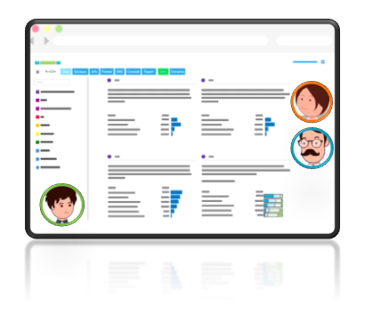 Conceptual illustration showing a browser window mockup with Protobi interface displaying multiple chart panels with blue horizontal bars. Three circular user avatars (showing faces of different team members) are positioned around the browser window, representing collaborative survey analysis. The browser shows a left sidebar with navigation items and main content area with survey data visualizations.
