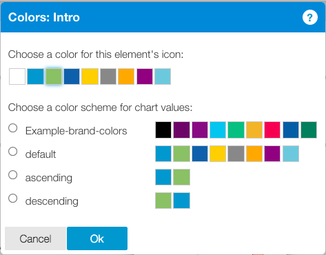 Color dialog for 'Intro' element showing color selection options. The dialog displays element icon color swatches at top and four chart color scheme options below: Example-brand-colors, default, ascending, and descending. The element icon color section shows 8 color squares. Cancel and Ok buttons appear at bottom.