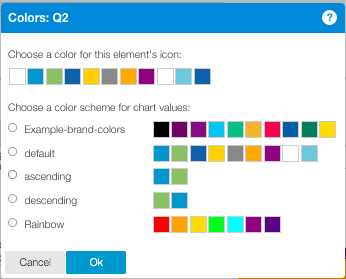 Color dialog for Q2 with Rainbow theme selected, now showing an updated color palette with 7 vibrant colors including red, red, yellow, cyan, blue, magenta, and purple, replacing the previous black and gray default colors.