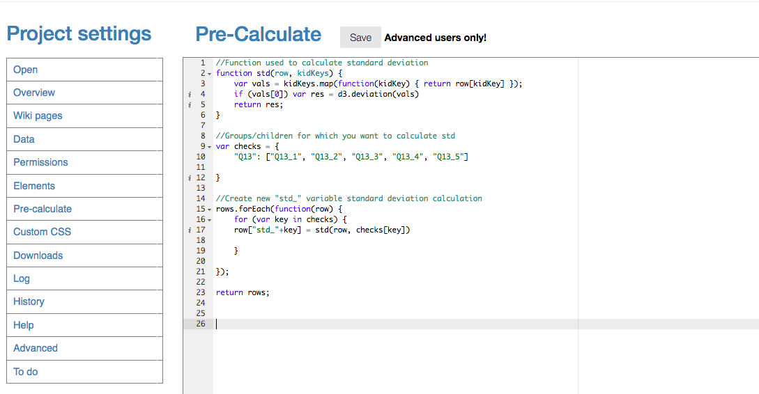 Protobi Pre-Calculate settings screen with navigation menu on left (Open, Overview, Wiki pages, Data, etc.) and code editor on right displaying JavaScript for standard deviation calculation. The code includes a function to calculate standard deviation using d3.deviation and a checks array containing ["Q13_1", "Q13_2", "Q13_3", "Q13_4", "Q13_5"] with comments explaining the function usage.